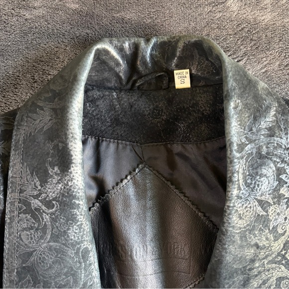 Vintage Leather Suede Coat Women's Duster Jacket Long Black Floral Pattern - Picture 4 of 14